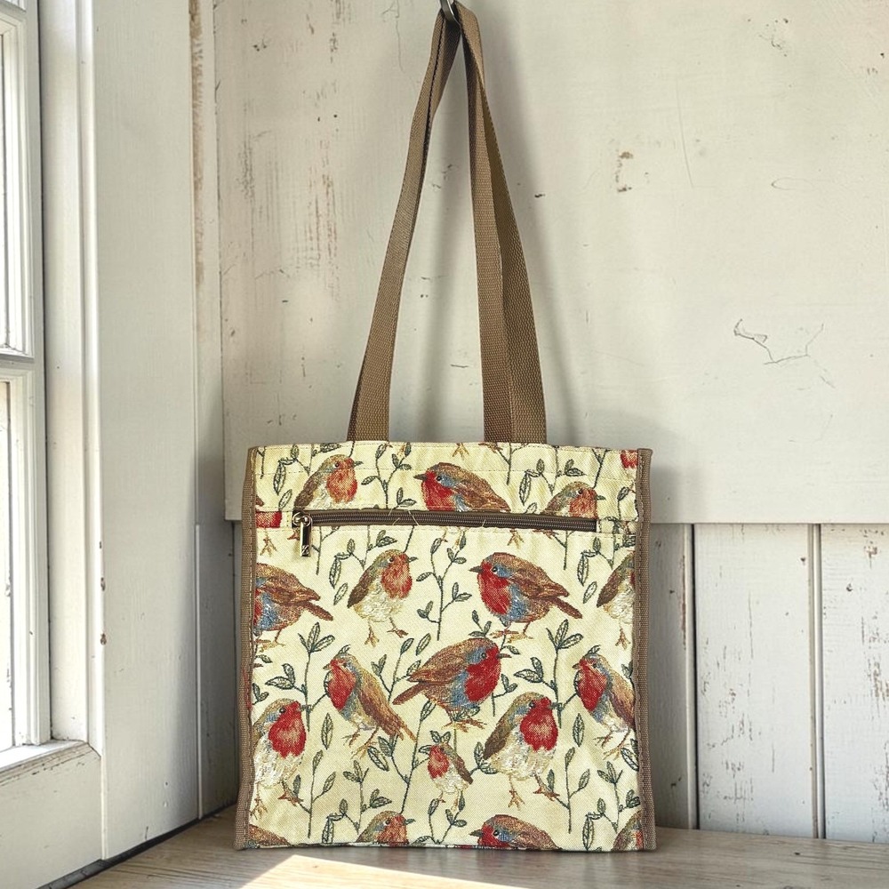 Tote Bag Signare Beige Canvas Woven Robin Bird Tapestry Shoulder Bag Autumn